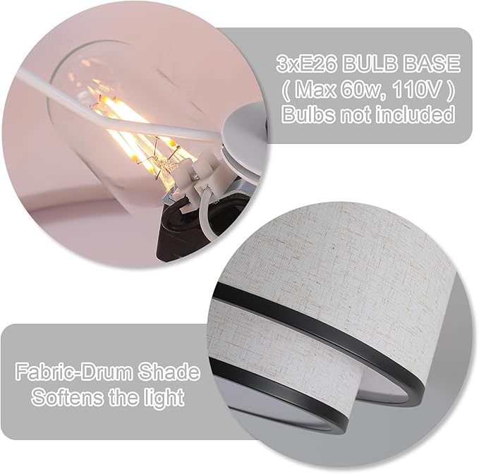 Farmhouse Close to Ceiling Light, 3-Light Flush Mount Ceiling Light Fixture with 2-Layer Fabric Shade, Modern Drum Ceiling Lamp for Hallway Bedroom Living Room (Black)