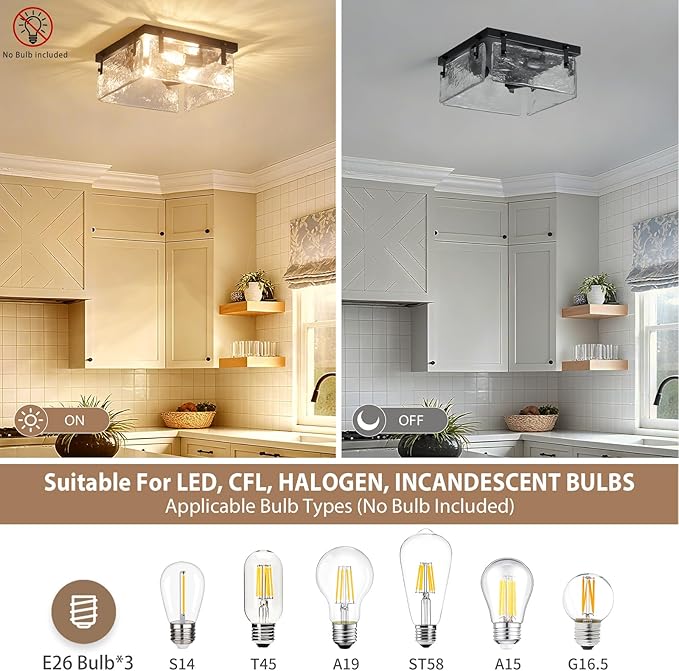Square Glass Close to Ceiling Light Fixture Black Modern Farmhouse Flush Mount Ceiling 3-Light 12" Metal Glass Chandelier for Hallway Bedroom Stairway Kitchen Entryway
