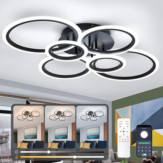 Modern Ceiling Light, 6 Rings Black Dimmable Flush Mount Ceiling Light with Remote, Acrylic Close to Ceiling Lighting Fixture for Living Room Dining Room Bedroom Kitchen (Black, 6 Heads)