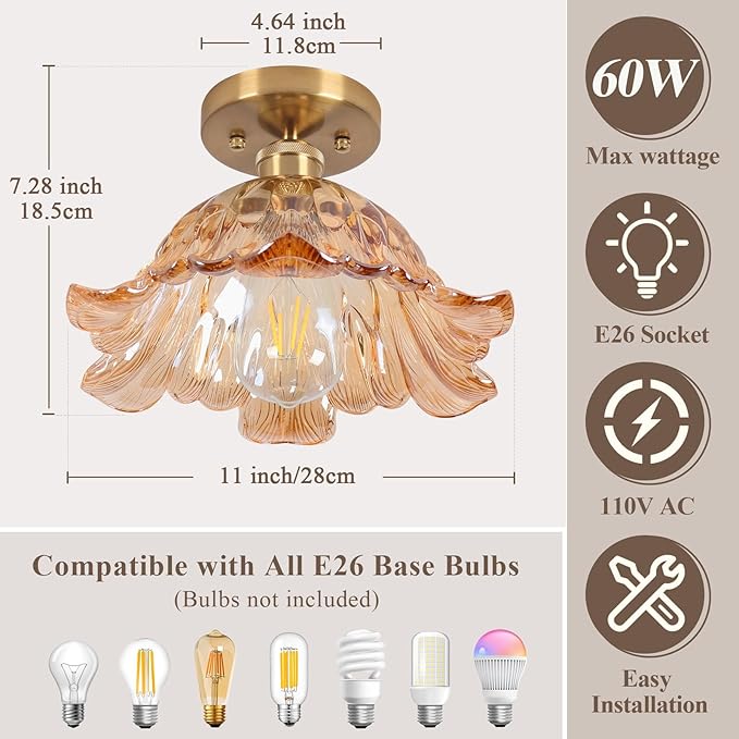 Semi Flush Mount Ceiling Light,Hallway Vintage Lights E26 Fixture Ceiling Green 11" Vintage Light Fixtures for Closet Hallway Kitchen Dining Room