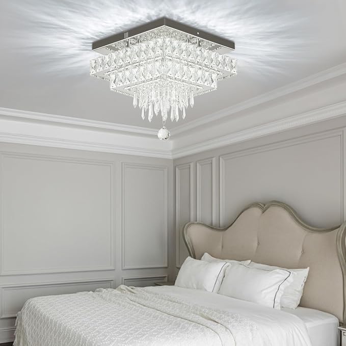 Finktonglan 13" Square Crystal Ceiling Light Flush Mount, Modern Multi-Layer LED Crystal Chandelier, Cool White 6500K, Non-Dimmable No Remote for Bedroom Entryway Dining Room Living Room