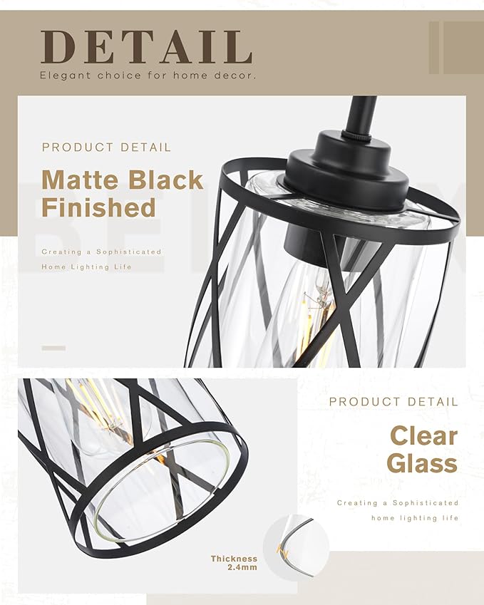 Beionxii 2 Pack Glass Pendant Lights Kitchen Island, Black Modern Kitchen Pendant Lighting Over Island, Farmhouse Industrial Cage Hanging Lighting with Clear Glass for Sink, Dining Room, BX-PL07BK-2PK