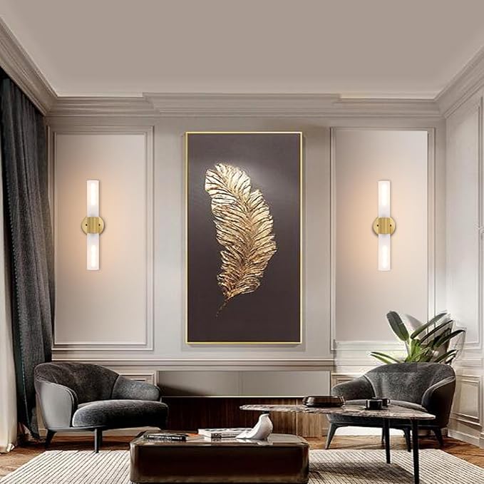 BYOLIIMA Gold Knurled Texture Wall Sconce Frosted Glass Shade Modern Bathroom Vanity Light Fixtures 2-Lights Mid Century Wall Light for Mirror Living Room Hallway E26 T10 Bulbs(Excluded)