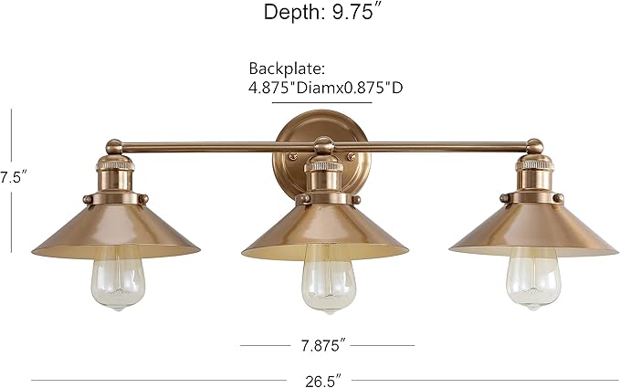 JONATHAN Y 26.5" Brass Gold 3-Light Industrial Farmhouse Metal Vanity Light Wall Sconce, Metal Shade for Bathroom Mirror, Kitchen, Entryway, LED Bulb Included (JYL7431A)
