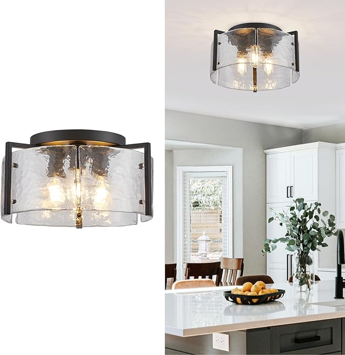 14.2“ Semi Flush Mount Ceiling Light Fixture, Black 3-Light Small Modern Water Ripple Chandelier Glass Light Fixture for Entryway Hallway Kitchen Dining Room Foyer Bedroom Laundry Hallway
