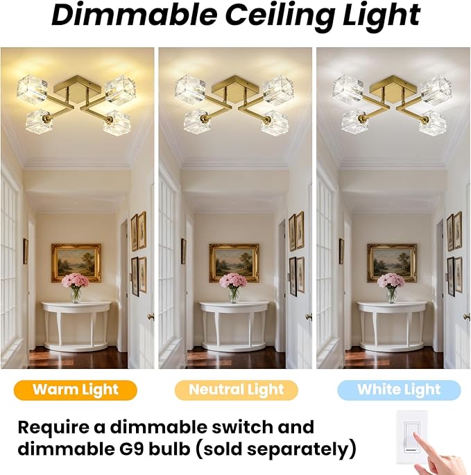 Gold Crystal Sputnik Ceiling Light Fixture, 4-Lights Modern Sputnik Chandelier, 17.7 inch Low Ceiling Chandelier for Bedroom Kitchen Dining Room Hallway Entryway Office