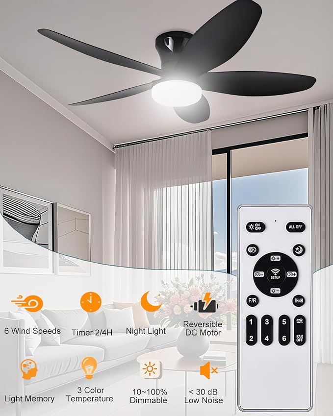 42" Low Profile Ceiling Fan with Lights & Remote - 6-Speed Wind, Reversible DC Motor, Dimmable 3-Color LED, Timer & Memory Function for Bedroom/Living Room/Patio (Black)
