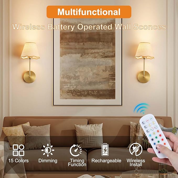ADISUN Battery Operated Wall Sconce Set of 2, Gold Wall Lamps for Living Room, Rechargeable Bulbs, RGB. Rattan Shade Wireless Wall Lights for Bedroom Living Room Hallway Kitchen(Bulbs Included)