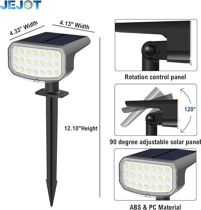 JEJOT Solar Lights Outdoor Waterproof IP65, Super Bright LED with Lens, 6500K 2 Lighting Modes, Solar Powered Yard Garden Solar Spot Lights for Outside Landscape Auto On/Off - 6 Pack