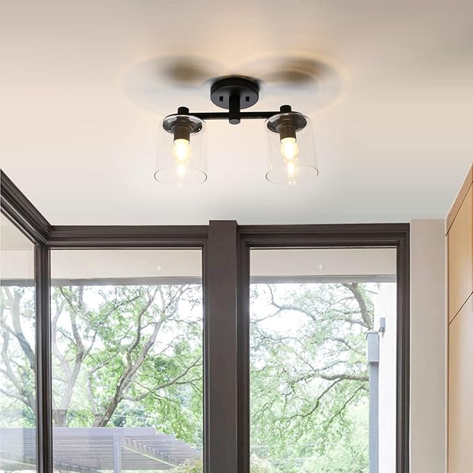 Pathson 2-Light Semi Flush Mount Ceiling Light, Industrial Pendant Lighting Fixture with Glass Shade, Ceiling Chandelier Lamp for Hallway Loft Kitchen Bar