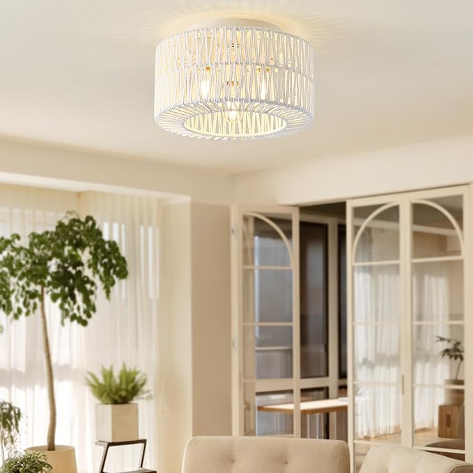 12.6”Rattan Flush Mount Ceiling Light Fixtures, 3-Light Boho Light Fixture Rattan Hand-Woven Chandelier Close to Ceiling Light Fixture for Bedroom Hallway Kitchen Dining Room Nursery(White)