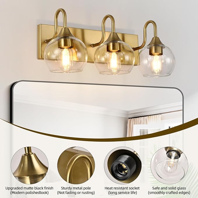 Bathroom Light Fixtures, 3-Light Brushed Gold Vanity Light Over Mirror, Modern Wall Sconces 21" with Clear Glass Globe Shade, Bathroom Wall Lights for Mirror Kitchen Bedroom Hallway