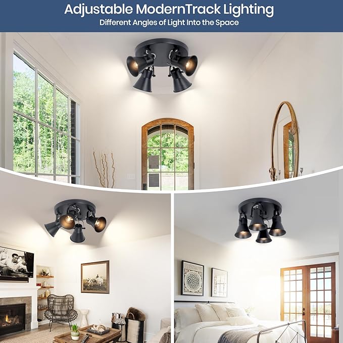 SEEBLEN 4-Light Kitchen Lighting Fixtures Ceiling, Adjustable Track Lighting Fixtures, Morden Black Directional Ceiling Light for Kitchen, Bathroom, Hallway, Dining Room, Coffee Bar.