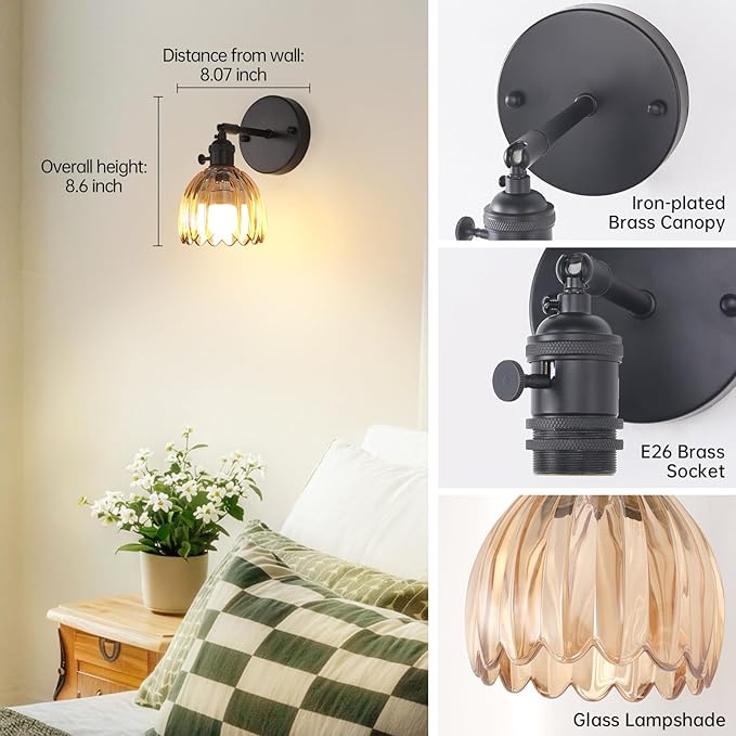 Shenmoyl Vintage Battery Operated Wall Sconce with Amber Tulip Glass Lampshade Rechargeable Battery Powered Black Wall Light with Remote Control for Bedside Bedroom Doorway