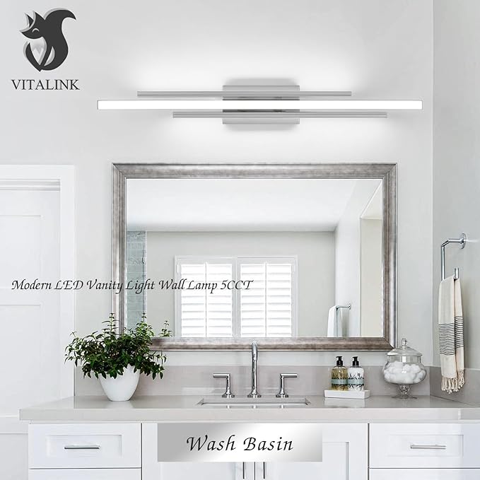35 Inches Nickel LED Modern Bathroom Vanity Light Fixtures 25W Dimmable 5CCT Vanity Light Bar Over Mirror 3-Light Wall Light for Bathroom Over Mirror Picture Light