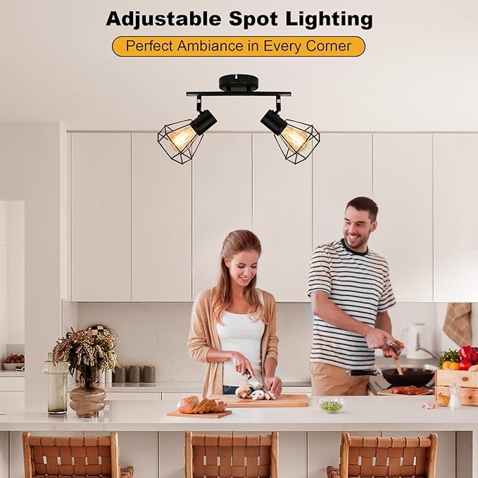 HiBay 2-Light Track Lighting Black, Rotatable Directional Ceiling Light Fixtures, Farmhouse Geometric Metal Cage Industrial Spotlight for Kitchen, Bedroom, Hallway, E26 Base (Bulbs Not Included)