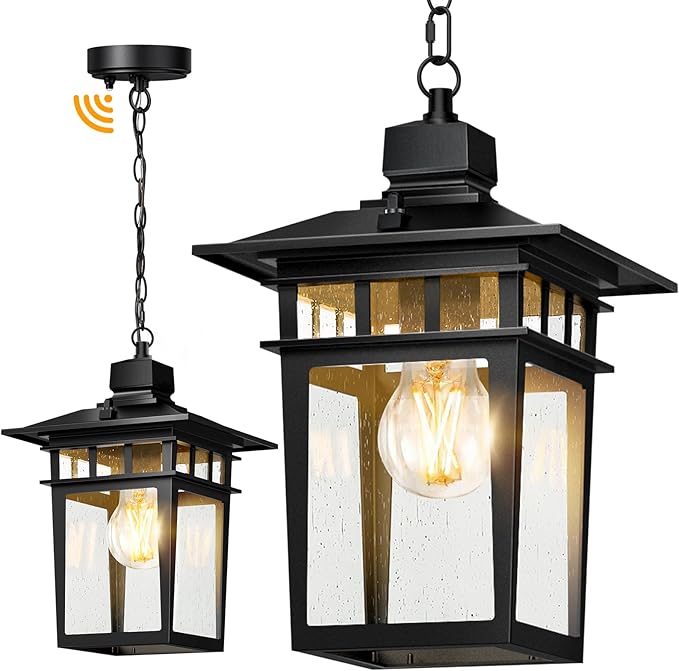 Dusk to Dawn Outdoor Pendant Light,Black Hanging Porch Light,Vintage Outdoor Chandelier,Waterproof Aluminum Exterior Pendant Lighting Fixture with Tempered Glass,Hanging Lights for Front Door Gazebo