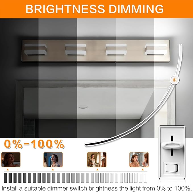 SOLFART Bathroom Light Fixtures Brushed Nickel Vanity Lights for Bathroom Above Mirror, 4 Light Led Lighting Fixture, Nickel Vanity Light,5 Color Temperature Adjustable Light Over Mirror