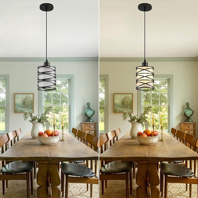 3 Pack Pendant Light Kitchen Island Pendant Lighting, Hanging Light with Spiral Cage Frosted Glass Shade, Black Modern Indoor Hanging Lamp