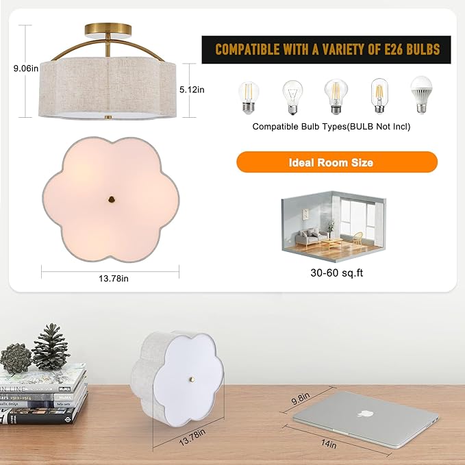 13.78" Semi Flush Mount Ceiling Light Modern 3-Lights Gold Drum Ceiling Light Fixture with Fabric Linen Shade, Vintage Modern Ceiling Lighting for Laundry Room, Kitchen, Basement, Bedroom
