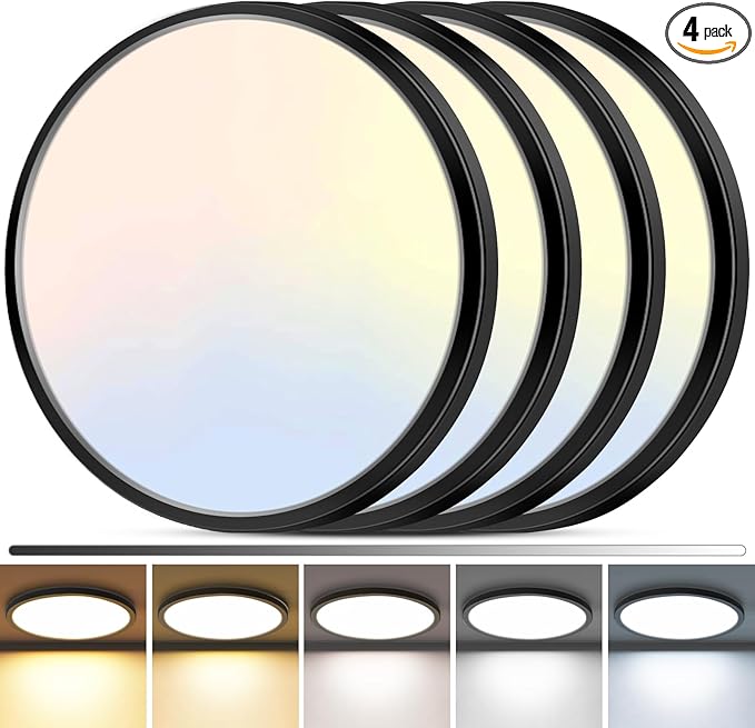 zemty 4Pack LED Flush Mount Ceiling Light, 12Inch 24W Dimmable Ceiling Lights Fixture, 5 Color Temperatures (3000K-6500K) Black Round Ceiling Lamp for Bedroom, Kitchen, Hallway,Bathroom