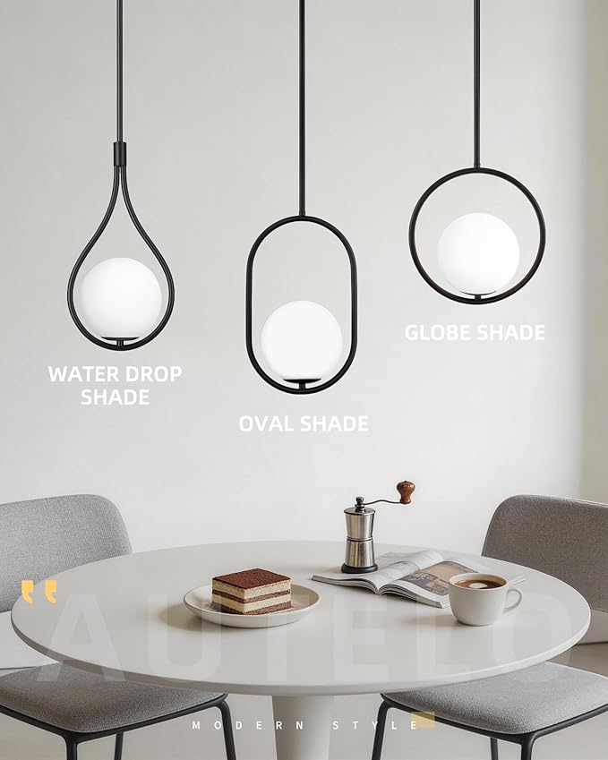 AUTELO Black Pendant Lights Kitchen Island, 1-Light Pendant Lights with Milky White Globe Glass, Modern Pendant Light Fixtures, Black Hanging Lamp for Kitchen Island H9377 MGBK
