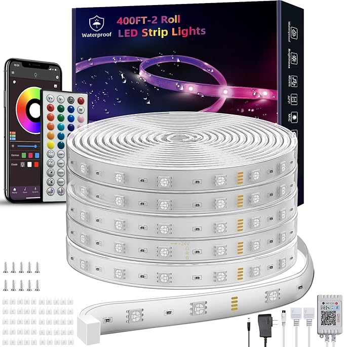 Ledagic 400ft (2*200ft) Outdoor Led Strip Lights Waterproof, Ip68 Outside Led Light Strip Waterproof with Remote and App Control, Exterior Led Rope Lights Music Syne RGB Strip Lights for Party Decor