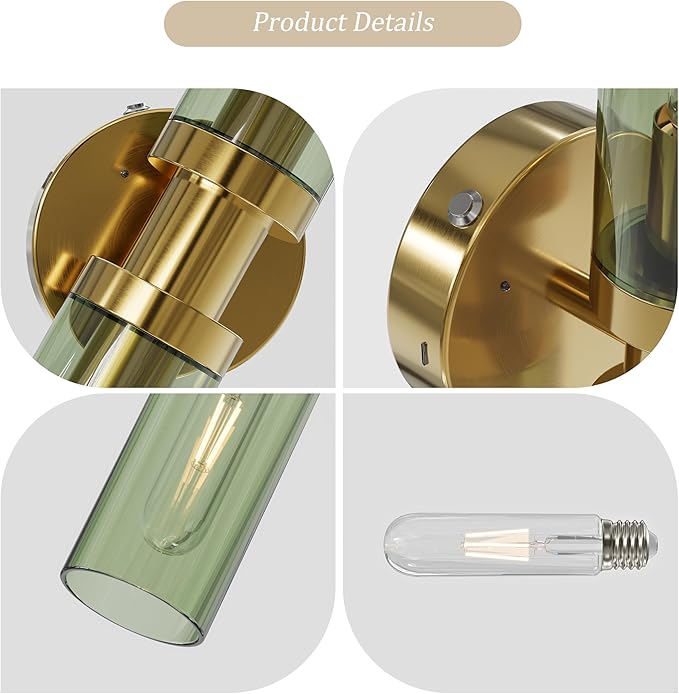 Rayogale Rechargeable Battery Wall Sconce Set of Two, 10000mAh Cordless, Dimmable, Type-C Charging for Living Room, Bedroom Gold with Green Lampshade (Include 4 Special Bulbs)