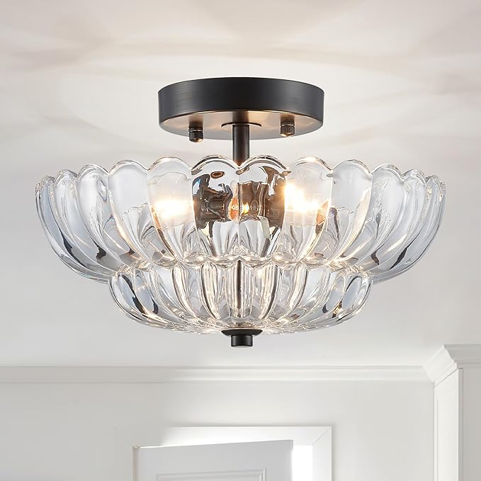 XINGQI Semi Flush Mount Ceiling Light Fixture Modern Black 3-Light Scalloped Glass Close to Ceiling Lighting for Living Room Entryway Bedroom Closet Hallway (Bulb Not Included)