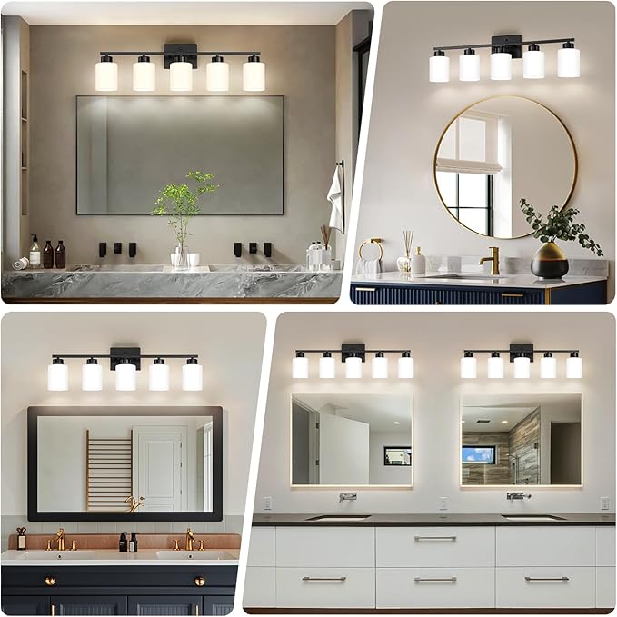 FonmYim Black Bathroom Light Fixtures, 5-Light Modern Vanity Light Over Mirror, Wall Sconces with Milky White Frosted Glass Shades, E26 Socket (Bulbs Not Included)