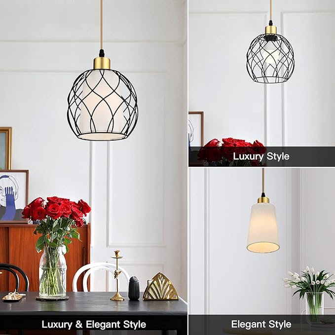 Ruzectt Plug in Pendant Light,Hanging Light with Plug in Cord,Black Hanging Lamp with Dimmable Switch,15 ft Golden Cotton Cord,Hanging Light Fixture for Kitchen Living Room Bedroom (Bulb Included)
