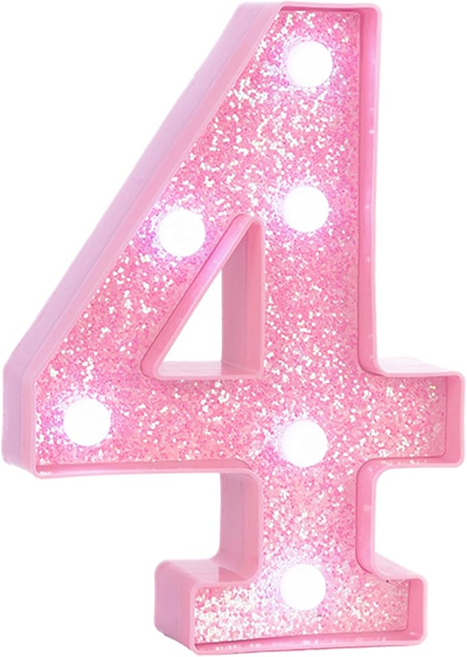 Pink Light Up Marquee Numbers, Glitter LED Number Lights Signs Battery Operated for Girls 4th 14th 24th Pink Birthday Party Table Decorations, 8 Inch Tall Number 4 with Cool White Lights
