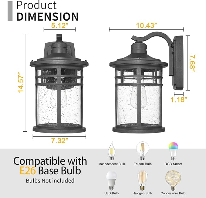 Darkaway Dusk to Dawn Outdoor Porch Wall Light,Outside Wall Mounted Light Seeded Glass Exterior Waterproof Lantern 14.57inch Large Modern Wall Sconce Lighting for House Front Door Garage