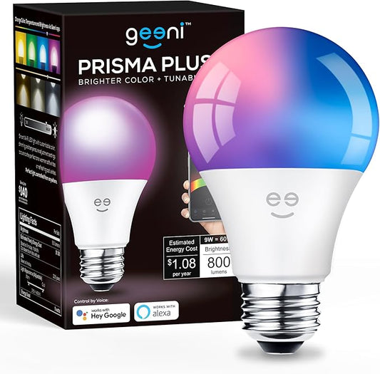 Geeni Prisma Plus 800 Dimmable Smart Light Bulbs with 2.4 GHz Wi-Fi Connectivity – Color-Changing & Tunable White, A19 LED Smart Bulb – Works with Alexa & Google, 1-Pack