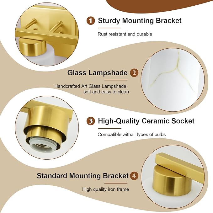 3-Light Bathroom Light Fixtures, Modern Vanity Lights, Gold Metal Wall Lamp with White Marble Glass for Bathroom, Mirror, Living Room, Bedroom, Cabinet, Porch, Hallway, E26 Base