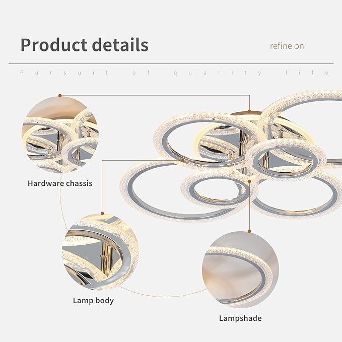 Garwarm Modern LED Ceiling Light Fixture,76W Dimmable LED Chandelier Flush Mount Ceiling Lights Remote Control,6 Ring Ceiling Lamp Fixture for Living Room Dining Room Bedroom(Chrome)