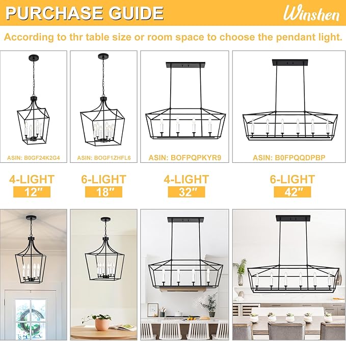 6-Light Black Island Lighting, Industrial Pendant Light Fixtures Candle-Style for Kitchen Dining Room Living Room, E12 Bulb Base