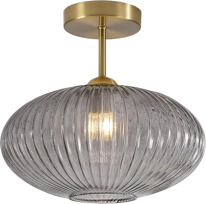 BOKT Smoke Gray Glass Modern Pendant Light Nursery Close to Ceiling Light Hallway Gold Semi Flush Mount Ceiling Light Fixture for Laundry, Schoolhouse, Stairway 9.8"