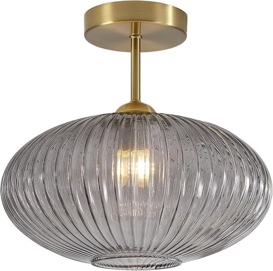 BOKT Smoke Gray Glass Modern Pendant Light Nursery Close to Ceiling Light Hallway Gold Semi Flush Mount Ceiling Light Fixture for Laundry, Schoolhouse, Stairway 9.8"