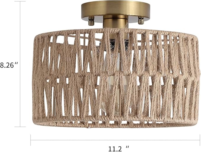 Coastal Antique Gold Woven Flush Mount Light Fixture Rustic Boho Hemp Rope Brass Semi Flush Mount Ceiling Light for Hallway Bedroom Farmhouse Kitchen Entryway Hall