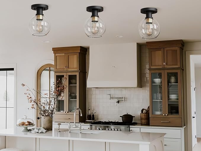 Tawson Dan Modern Farmhouse 1-Light Flush Mount Ceiling Light Clear Glass Globe Black Gold Finish for Hallway, Entryway, Passway, Bedroom, Garage, Kitchen, Balcony