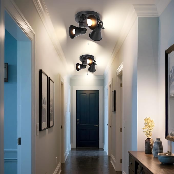 KEESFU Adjustable 3-Light Track Lighting with Pull Chain Switch, Modern Round Ceiling Lamp for Kitchen Hallway Bathroom, Directional Flush Mount Fixture for Dining Room Bedroom Office.