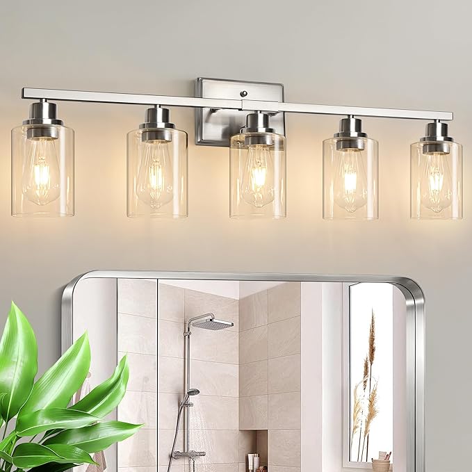 Unicozin Modern Bathroom Light Fixtures, 5 Light Vanity Lights Over Mirror, Brushed Nickel Wall Lamp with Clear Glass for Living Room Cabinet Bedroom Porch