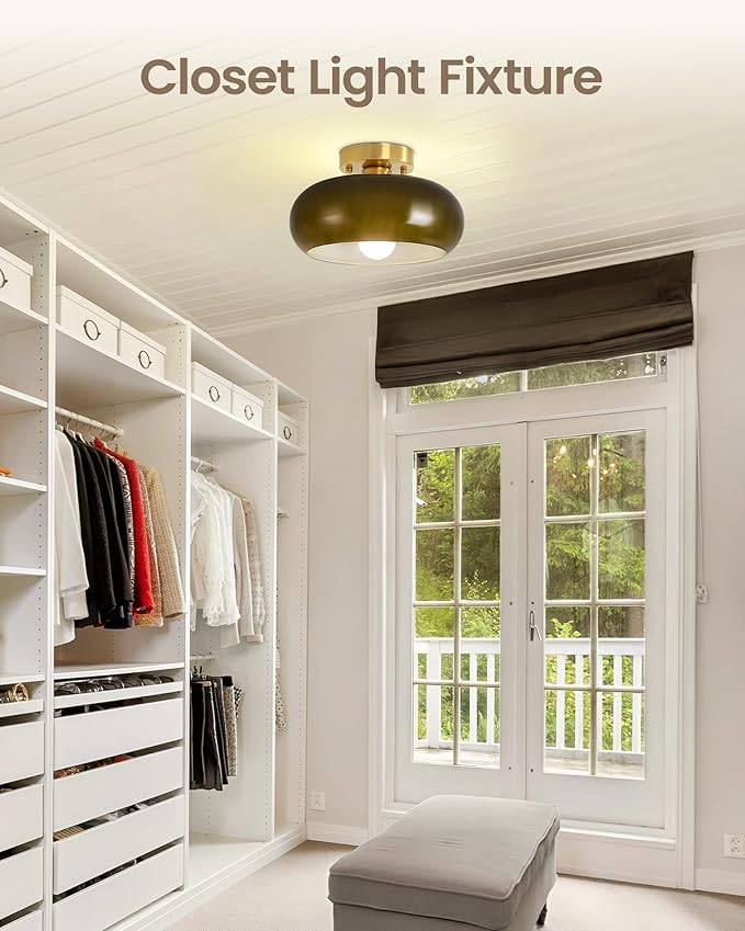 Yunnix Semi Flush Mount Ceiling Light, Gold Light Fixture, Mid-Century Modern Farmhouse Green Glass Small Light Fixtures for Hallway, Bathroom, Kitchen, Bedroom, Living Room, Closet, Laundry(11 Inch)