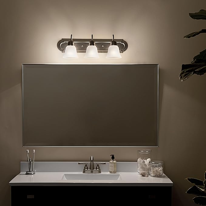 Kichler 24" 3-Light Vanity Bath Light in Brushed Nickel, Modern Bathroom Light with Clear Satin Etched Glass, (24" W x 8" H), 5337NIS