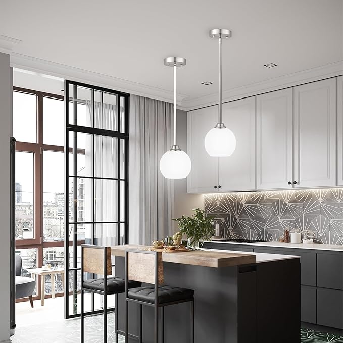 Modern Pendant Light Fixtures 2 Pack, Brushed Nickel Pendant Lights with Milk Frosted Shade,Pendant Lights Kitchen Island, Kitchen Pendant Lighting Over Island, Hanging Lights for Kitchen