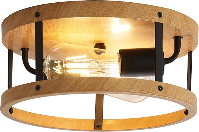 2-Light Retro Close to Ceiling Light, Wood Finish Flush Mount Ceiling Light with Black Metal, Easy Assembled, Industrial Round Farmhouse Ceiling Lamp for Hallway Entryway Bedroom