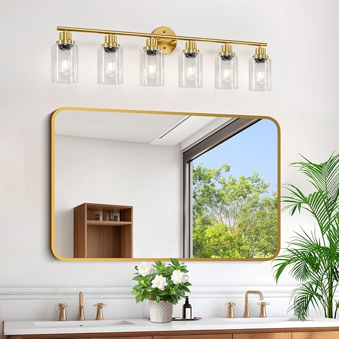 6-Light E26 Gold Bathroom Vanity Lights, Modern Bathroom Light Fixtures with Clear Glass Shade, Wall Lamps for Mirror Hallway Kitchen Cabinet Living Room Sconces Lights