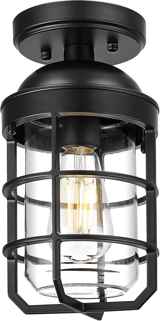 Emliviar 11.1 Inch Vintage Semi Flush Mount Ceiling Light with Clear Tempered Glass Shade, Black Ceiling Lighting for Hallway, GE255LF BK