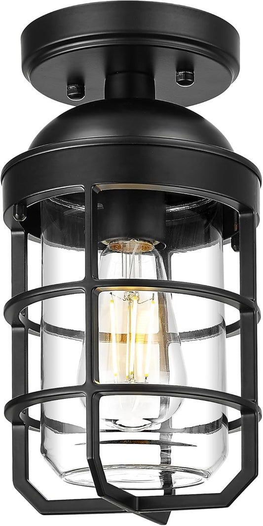 Emliviar 11.1 Inch Vintage Semi Flush Mount Ceiling Light with Clear Tempered Glass Shade, Black Ceiling Lighting for Hallway, GE255LF BK